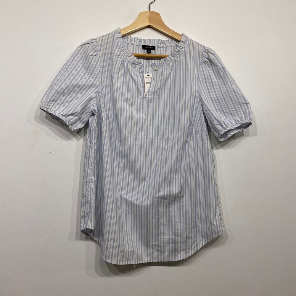 Talbots Ruffle Neck Striped Popover Blouse Blue Yellow Short Puff Sleeve NWT S